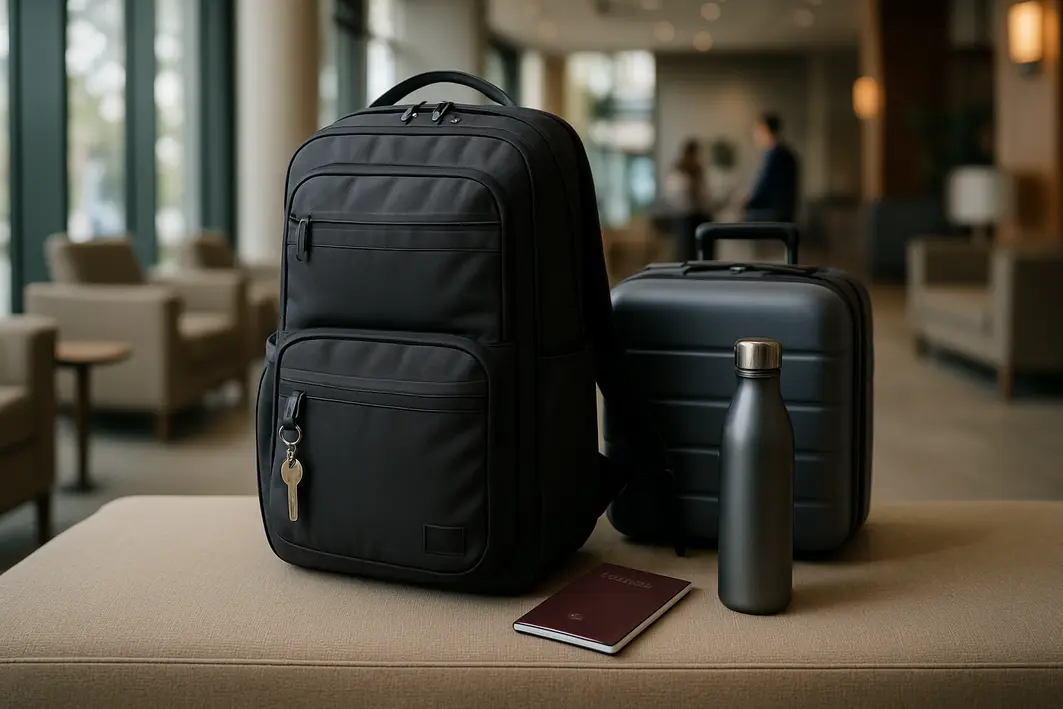 mochila multifuncional hotel viagem Mochila multifuncional sobre banco em hall de hotel ao lado de mala compacta e objetos de viagem organizados