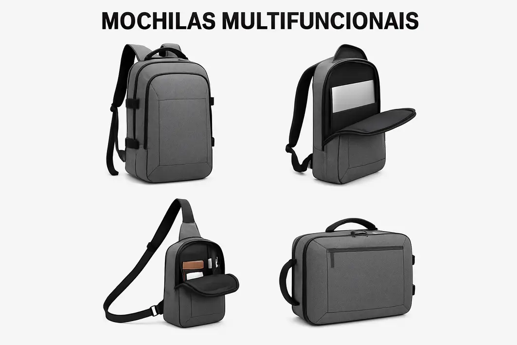 mochila multifuncional organizacao compartimentos Mãos organizando itens em mochila multifuncional com compartimentos para laptop, garrafa e documentos