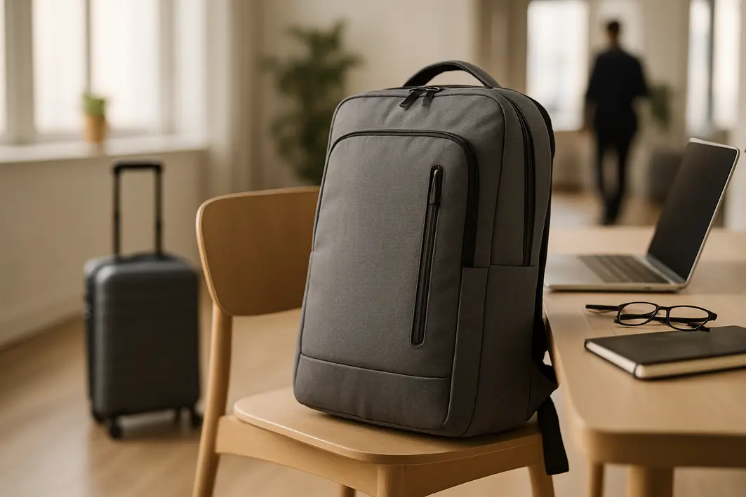 mochila notebook conforto funcionalidade Mochila para notebook apoiada em cadeira ao lado de mesa organizada com mala compacta ao fundo