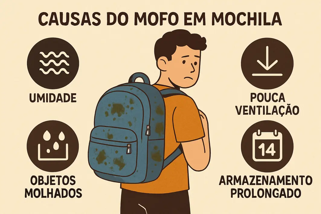 mochila ombolsos internos umidos Mochila de tecido sintético aberta com bolsos internos contendo roupas levemente úmidas e mãos femininas ajustando o conteúdo
