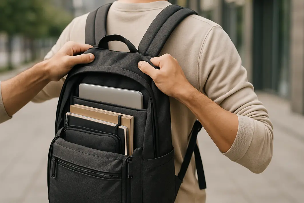mochila para trabalho e viagem urbana Mãos ajustando alças acolchoadas de mochila resistente com compartimentos organizados em ambiente urbano