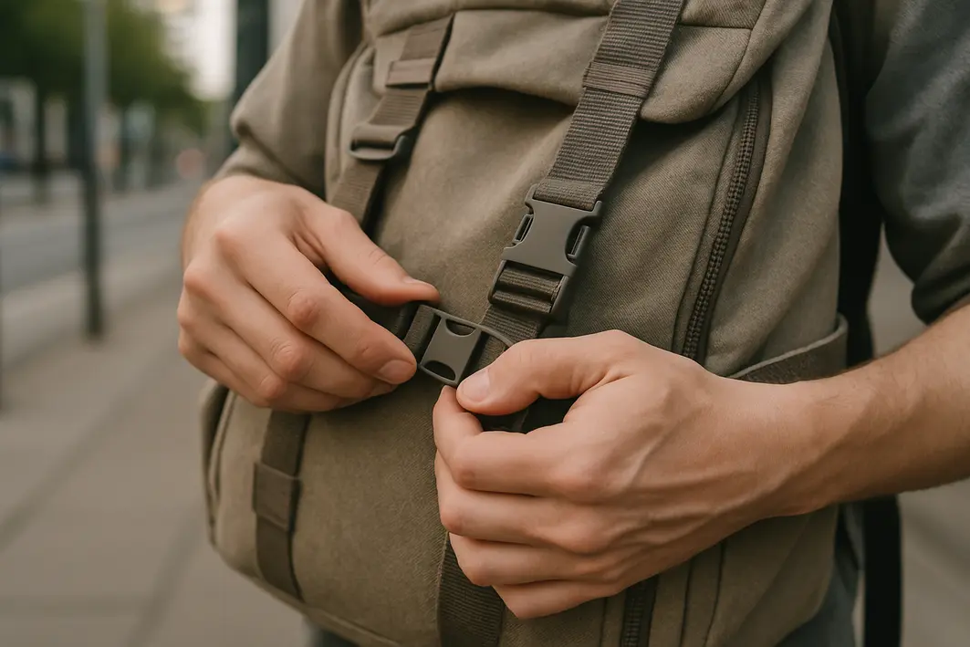 mochila resistente uso diario fivelas Mãos ajustando fivelas reforçadas de mochila resistente com costuras visíveis em ambiente urbano