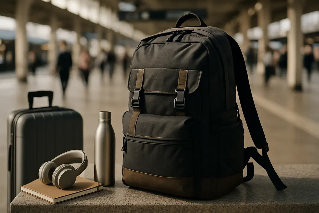 mochila resistente uso diario transporte Mochila resistente e funcional sobre bancada em estação de transporte público com mala e objetos de viagem ao redor