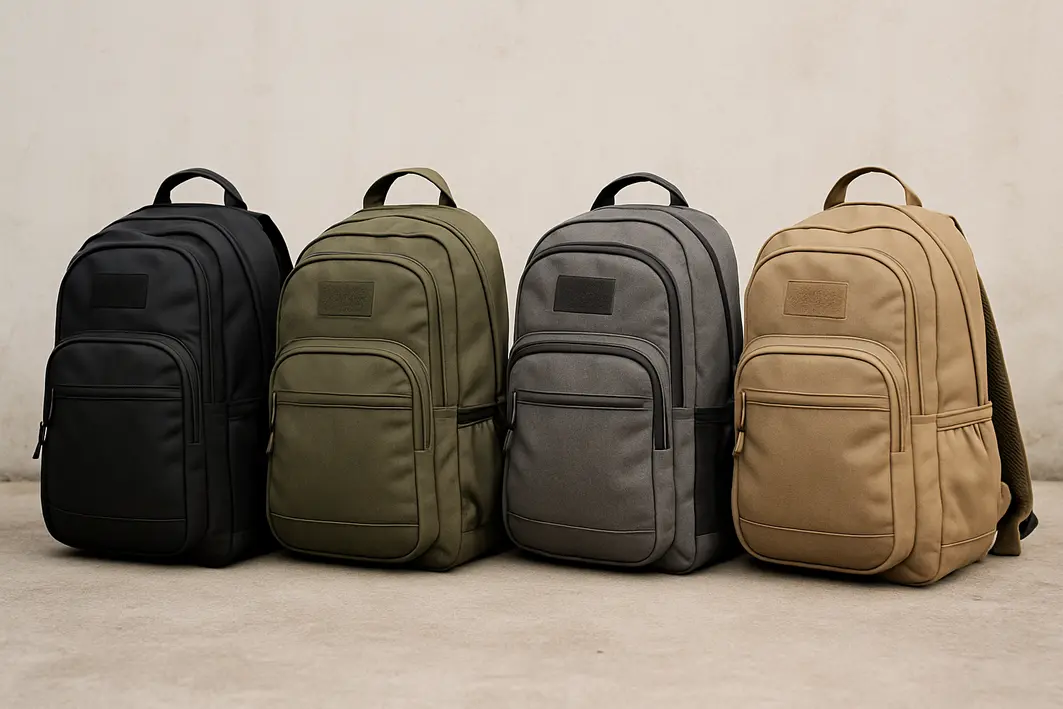 mochila resistente uso diario Mãos ajustando as alças acolchoadas de mochila cinza azul escuro com tecido resistente e costuras visíveis em ambiente urbano