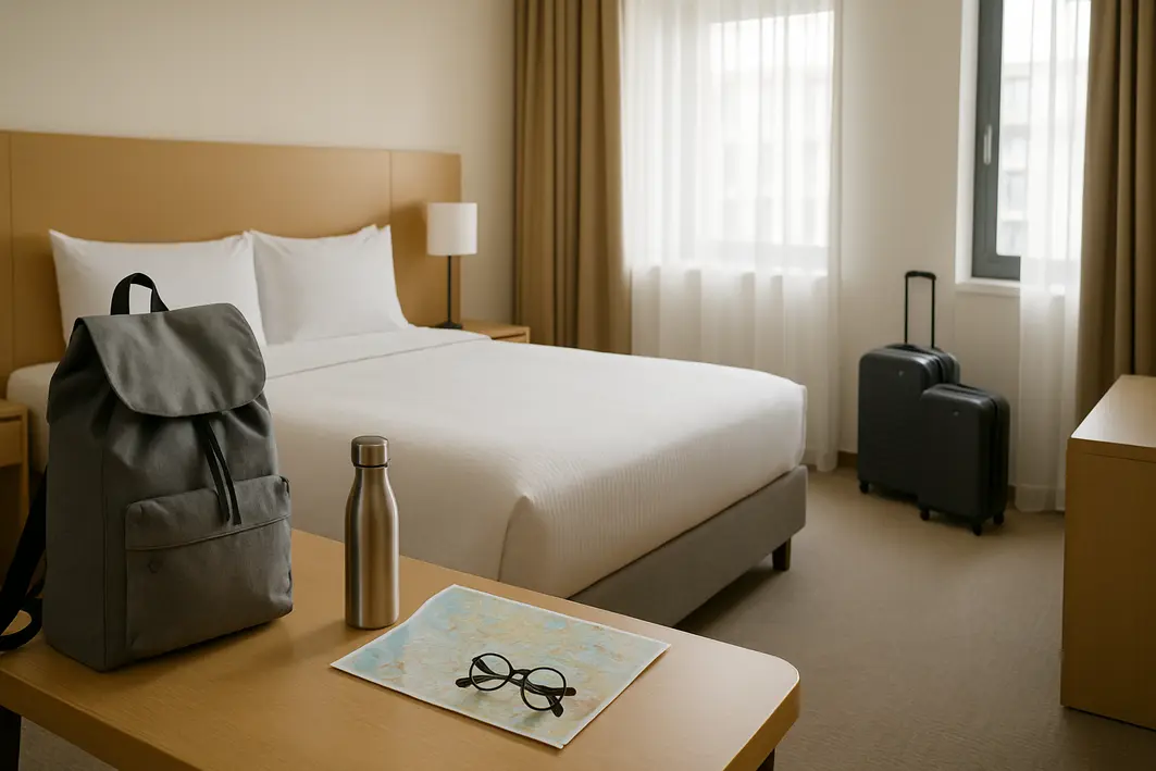 mochila saco quarto hotel moderno Mochila saco compacta sobre mesa ao lado de cama em quarto de hotel moderno organizado