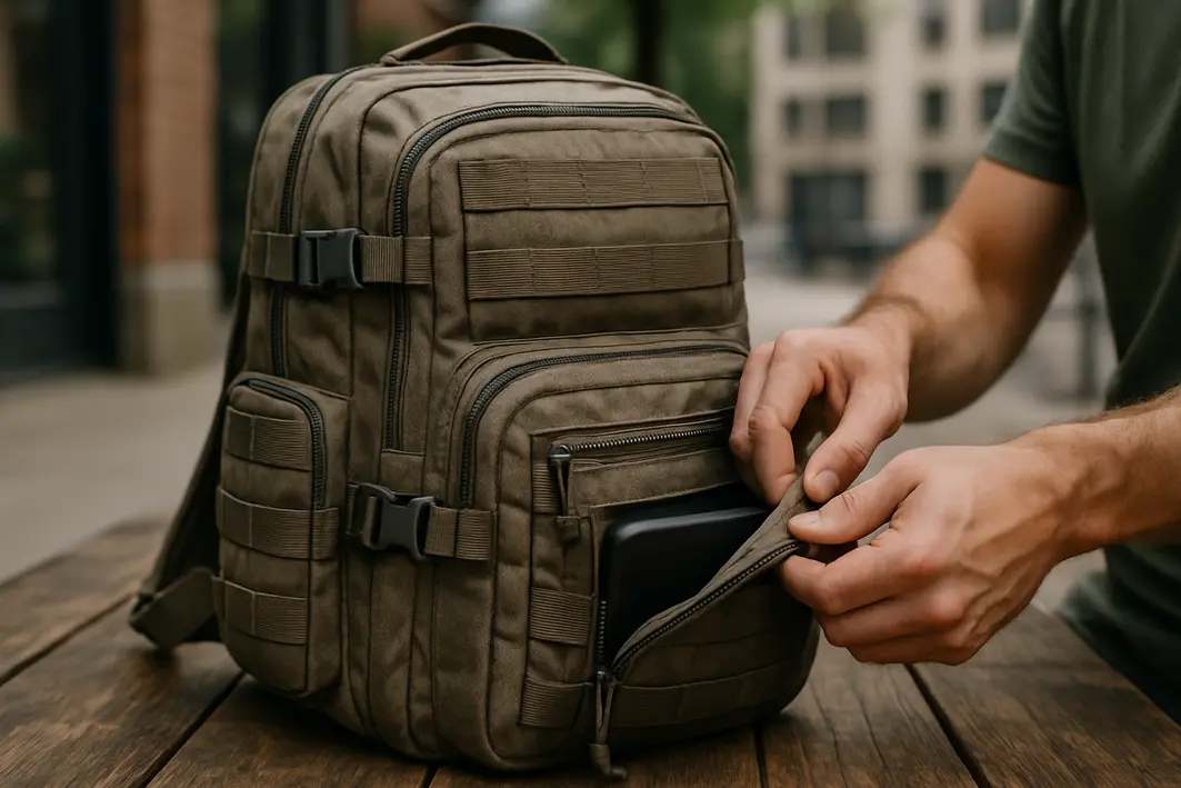 mochila tatico urbano mesa madeira Mochila tático urbano sobre mesa de madeira rústica com mãos masculinas ajustando fivelas e acessando bolso frontal