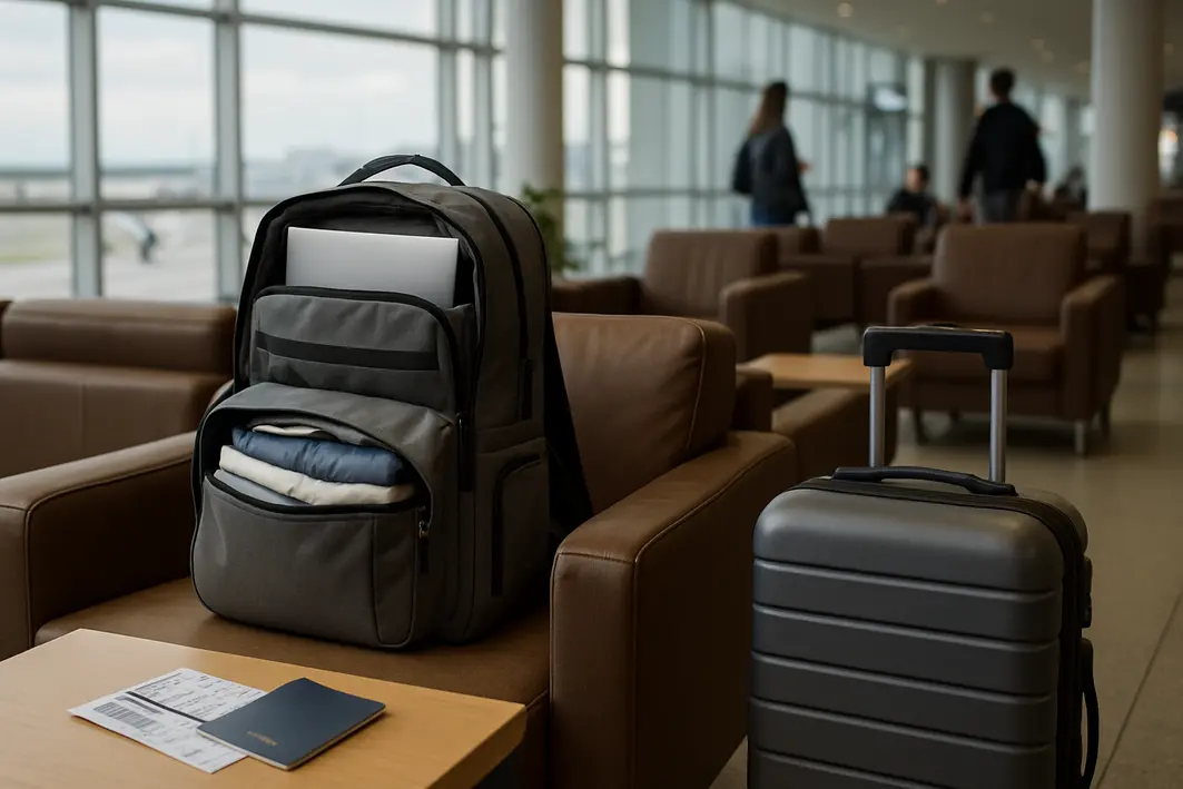 mochila trabalho viagem aeroporto organizada Mochila funcional de tamanho médio apoiada em poltrona ao lado de mala de mao e documentos de viagem sobre mesa em area de espera de aeroporto