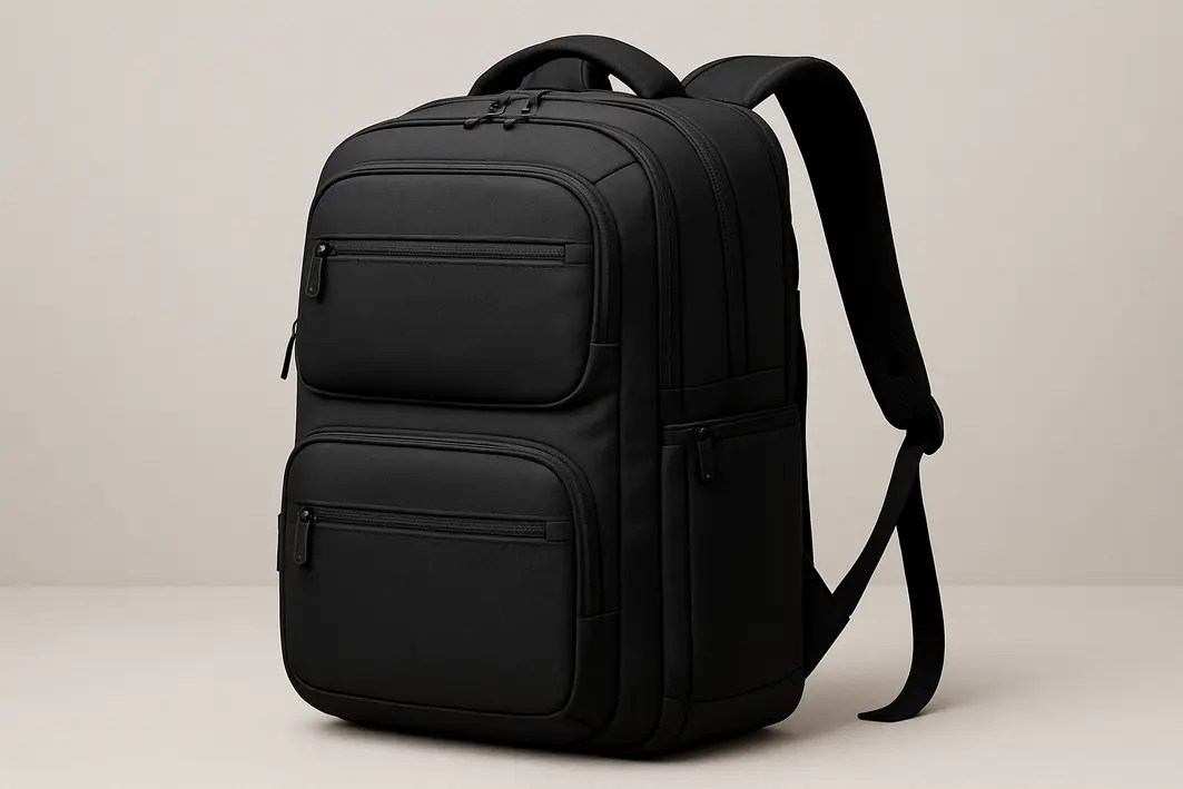 mochila trabalho viagem ajustando alcas Mãos masculinas ajustando alças e organizando compartimentos internos de mochila preta aberta com notebook e documentos sobre mesa de madeira