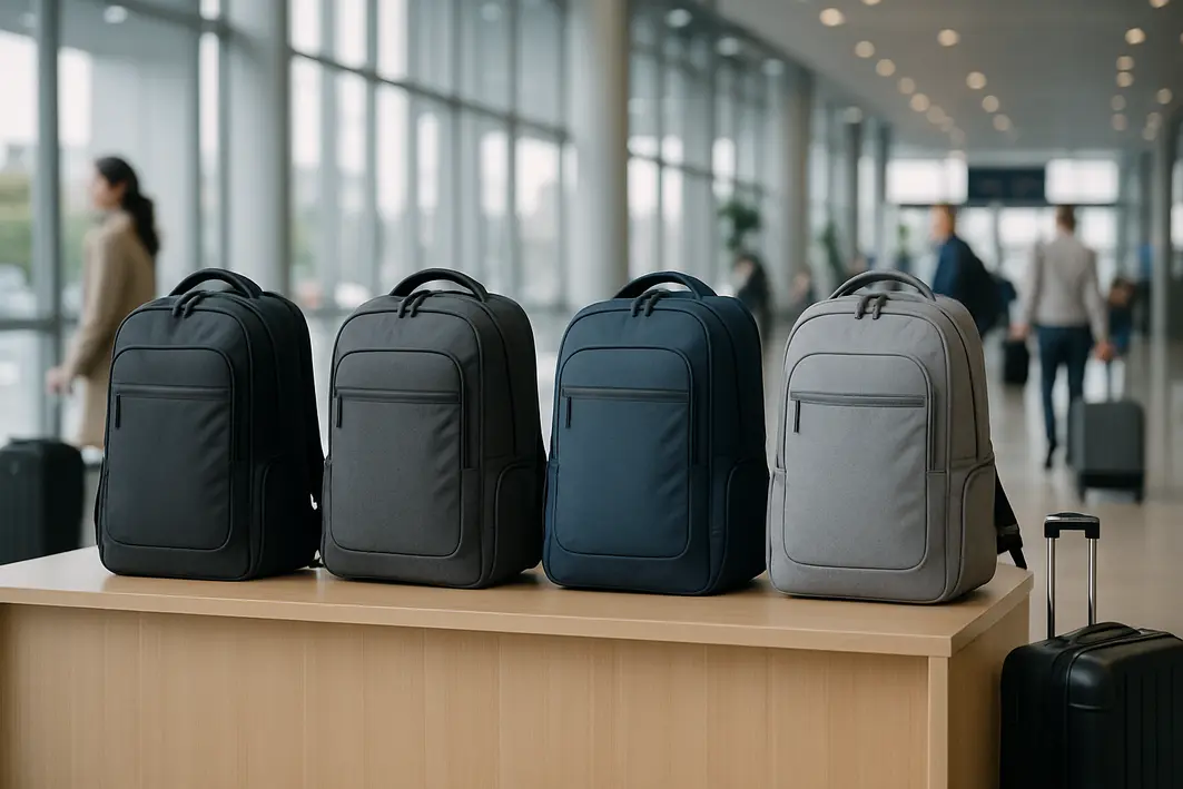 mochilas mais vendidas ambiente aeroporto Área de aeroporto moderna com várias mochilas expostas sobre balcão ao lado de malas de viagem