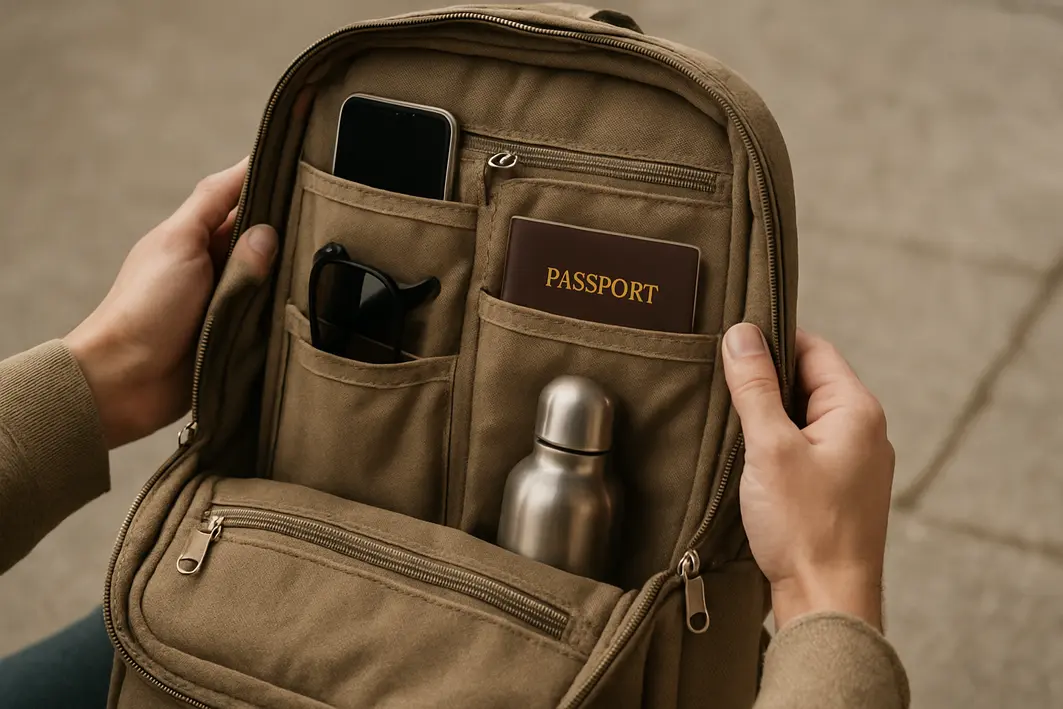 mochilas mais vendidas detalhamento interno Mãos segurando mochila aberta com compartimentos internos organizados e objetos de viagem