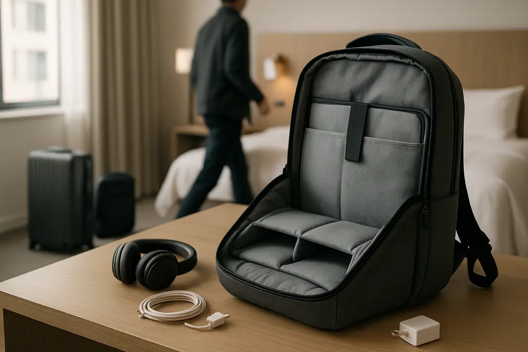 mochilas para notebook uso diario Mochila aberta em mesa de quarto de hotel moderno com compartimentos acolchoados para notebook e acessórios de viagem ao redor