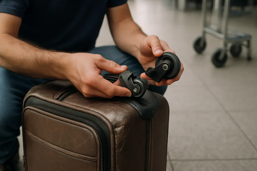 rodizio mala quebrado aeroporto homem Mãos masculinas ajustando rodizio quebrado de mala de viagem desgastada com zíper aberto em ambiente de aeroporto