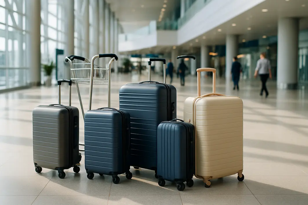 salao aeroporto malas aprovadas 2026 Saguão de aeroporto moderno com várias malas de tamanhos variados organizadas ao lado de carrinhos de bagagem em ambiente espaçoso