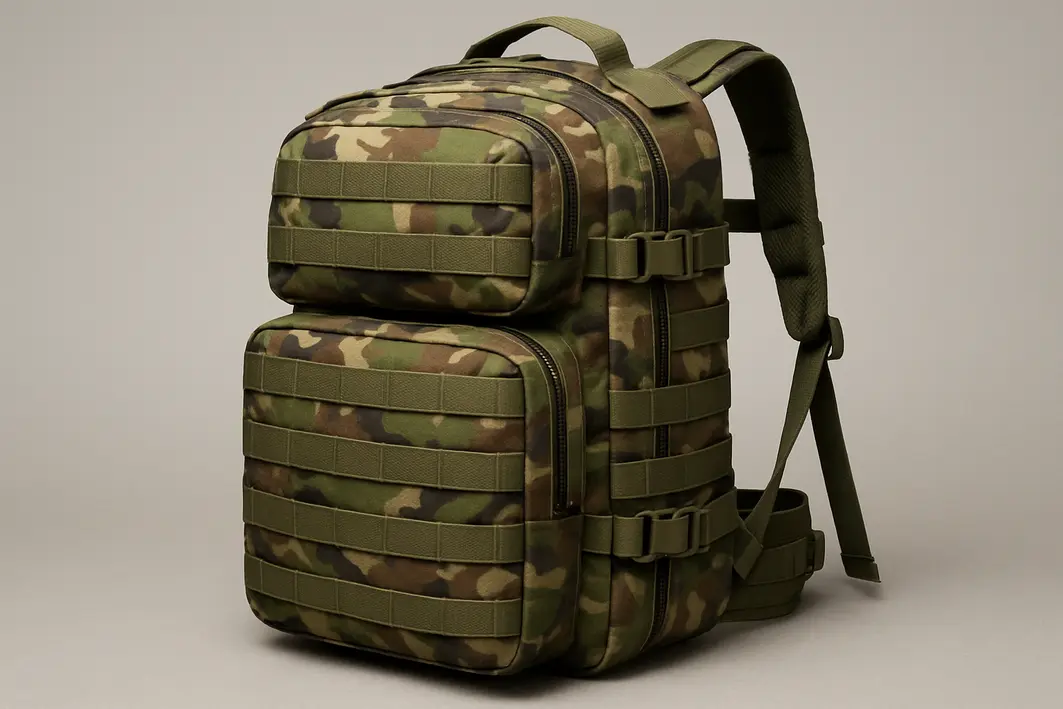 ajuste alcas mochila militar resistente Par de mãos ajustando as alças acolchoadas de mochila militar de tecido resistente com velcro e múltiplos compartimentos
