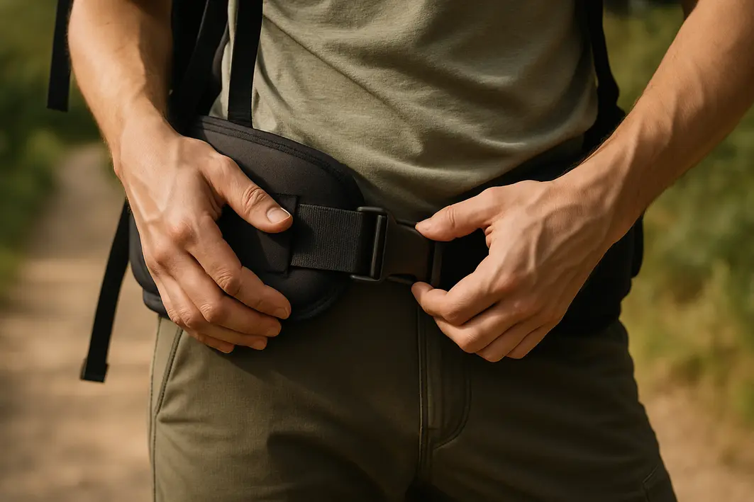 ajuste barrigueira mochila caminhada Mãos ajustando barrigueira acolchoada preta de mochila em quadris de pessoa com roupa de caminhada