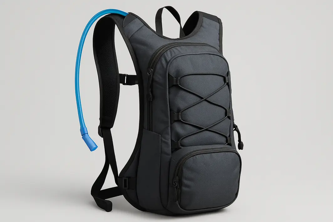 ajuste mangueira mochila hidratacao trilha Mãos ajustando mangueira de mochila de hidratação com tecido técnico e zíperes em trilha de terra