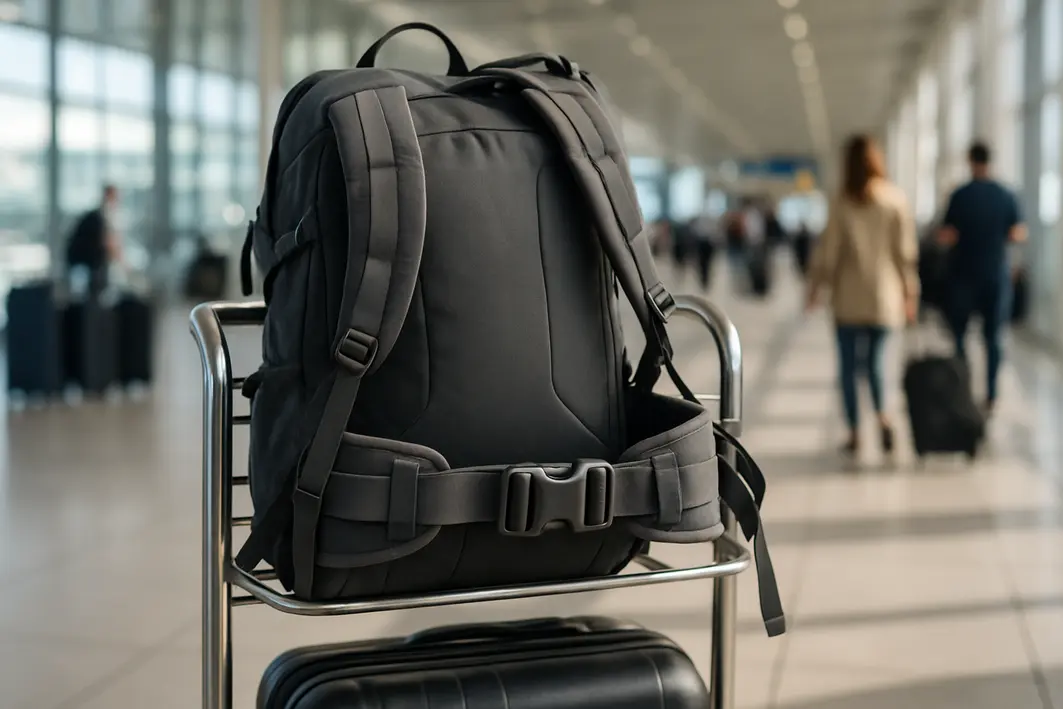 barrigueira mochila carrinho aeroporto Mochila com barrigueira ajustada sobre carrinho de bagagem em aeroporto moderno