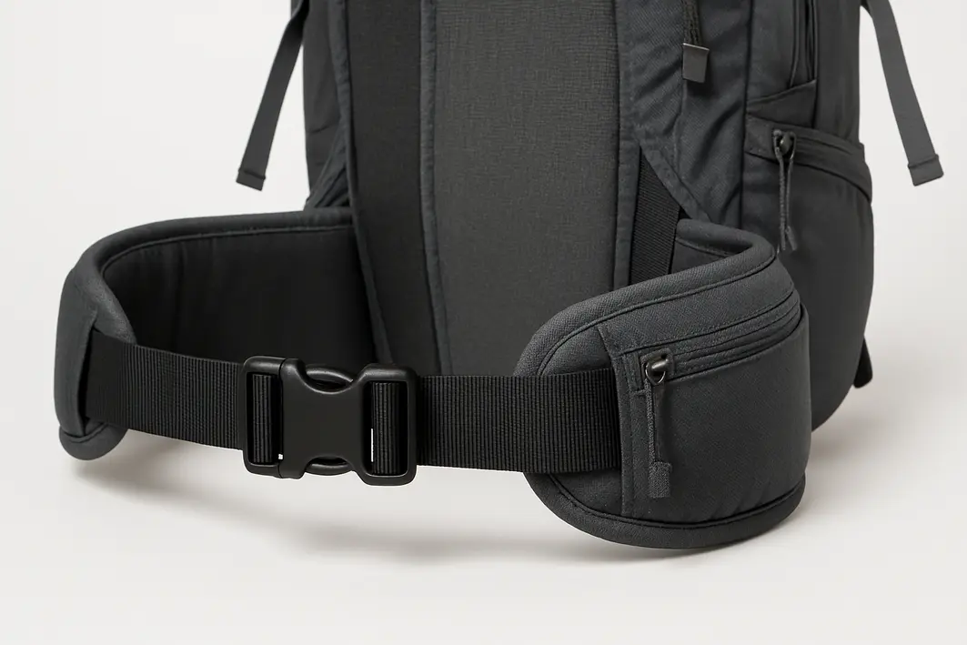 barrigueira mochila pessoa ajustando Mãos ajustando barrigueira acolchoada de mochila na região dos quadris de uma pessoa