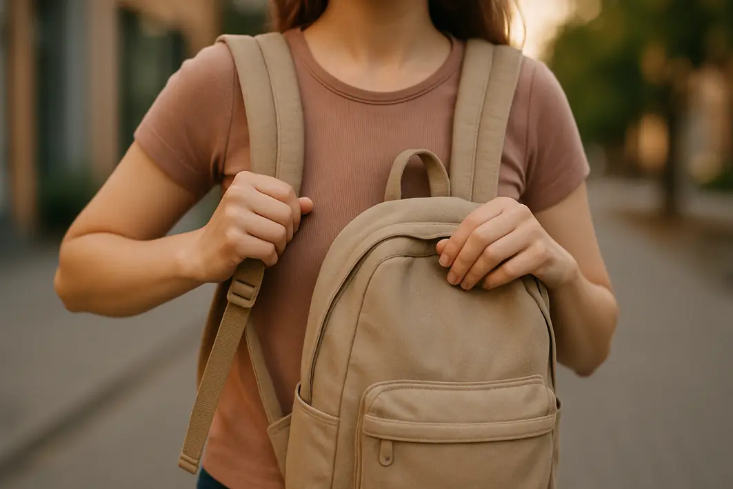 bolsa mochila feminina ajuste alcas acolchoadas Mãos femininas ajustando alças acolchoadas de bolsa mochila feminina média em ambiente urbano