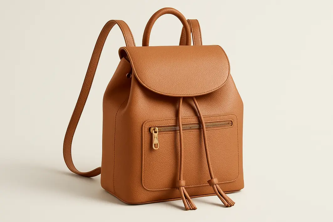 bolsa mochila feminina uso ergonomia Mãos femininas organizando laptop dentro de bolsa mochila feminina sobre bancada de madeira