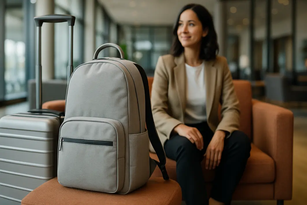 bolsa mochila feminina viagem trabalho Bolsa mochila feminina moderna ao lado de mala de viagem em ambiente interno organizado
