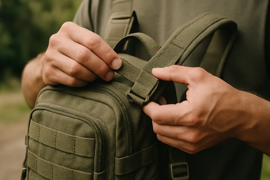mao ajustando alcas mochila militar Mão ajustando alças reforçadas de mochila militar verde oliva com bolsos organizadores
