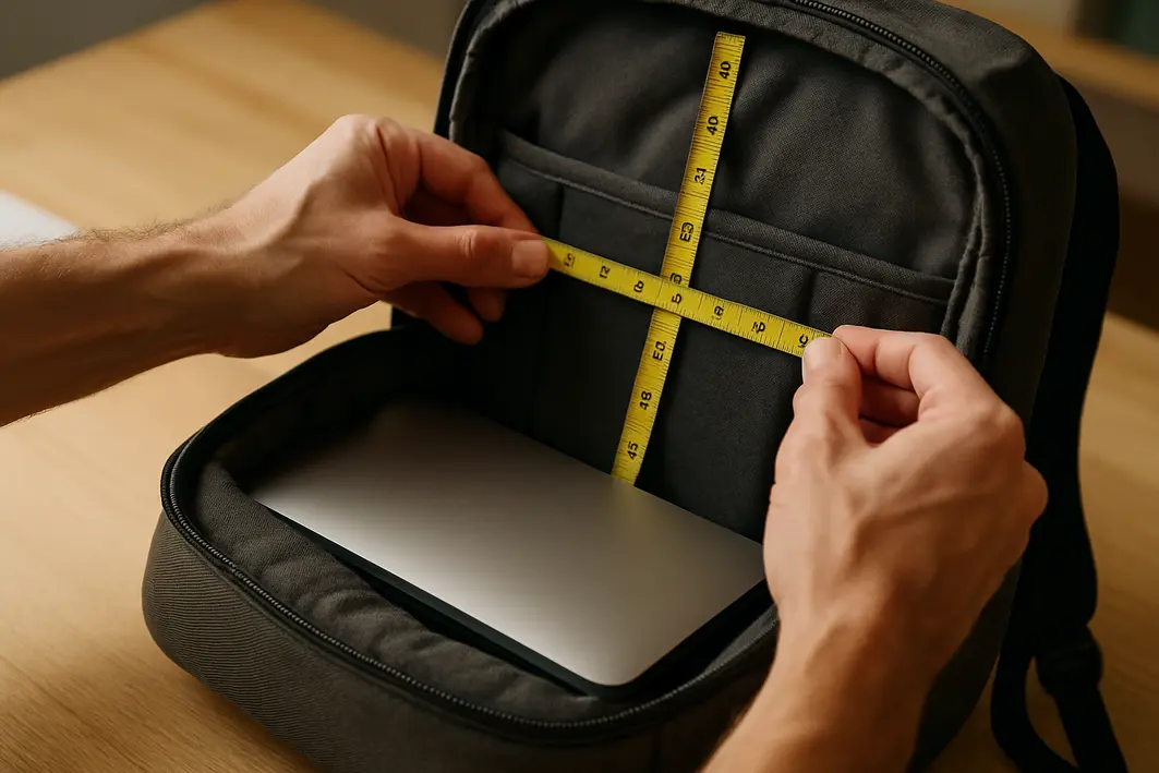 mao medindo mochila notebook acolchoada Mãos masculinas medindo o compartimento acolchoado interno de mochila para notebook com tecido resistente