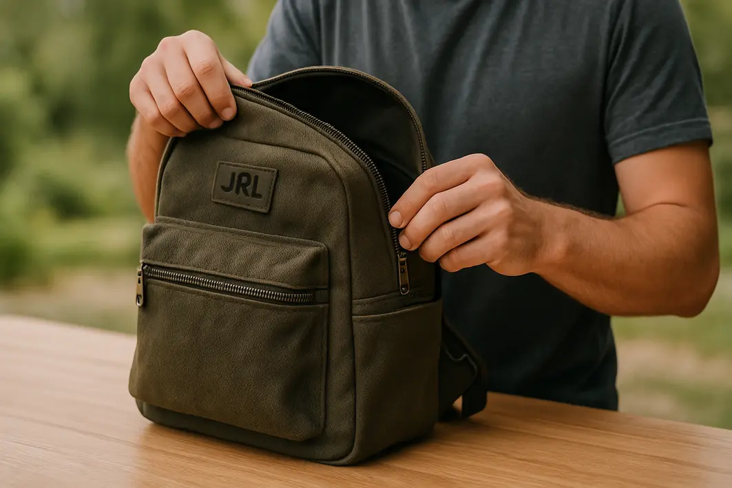 mao segurando mochila jrl aberta Mãos masculinas segurando mochila JRL aberta mostrando tecido resistente e zíperes metálicos sobre mesa de madeira clara