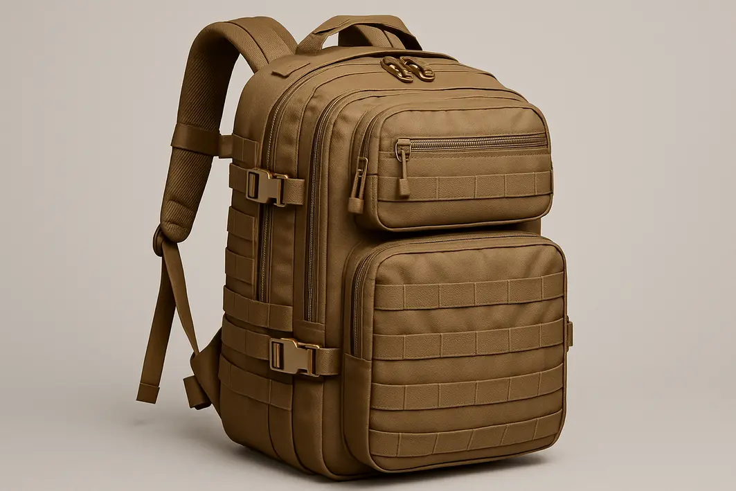 mao testando alca cinta mochila tatica Mãos de viajante ajustando alça acolchoada e cinta peitoral de mochila tática com zíper aberto e garrafa no bolso lateral