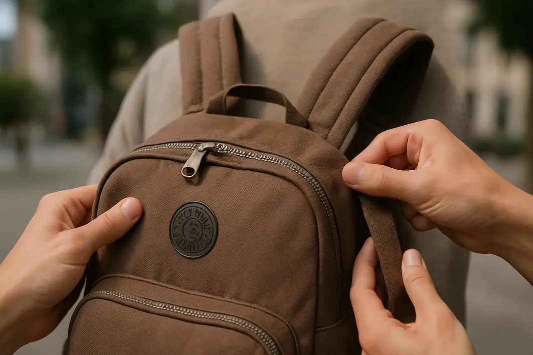 maos ajustando alcas mochila kipling Mãos ajustando as alças acolchoadas de uma mochila Kipling com zíper metálico e costuras reforçadas