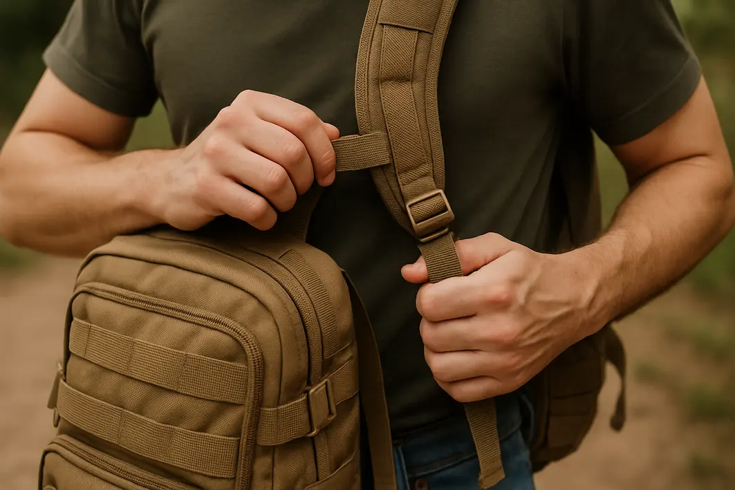 maos ajustando alcas mochila tatica Mãos ajustando as alças acolchoadas de mochila tática em ambiente externo
