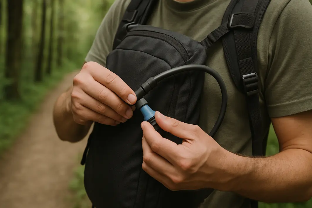 maos ajustando mangueira mochila hidratacao Mãos ajustando a mangueira de mochila de hidratação preta com tecido texturizado em trilha de floresta