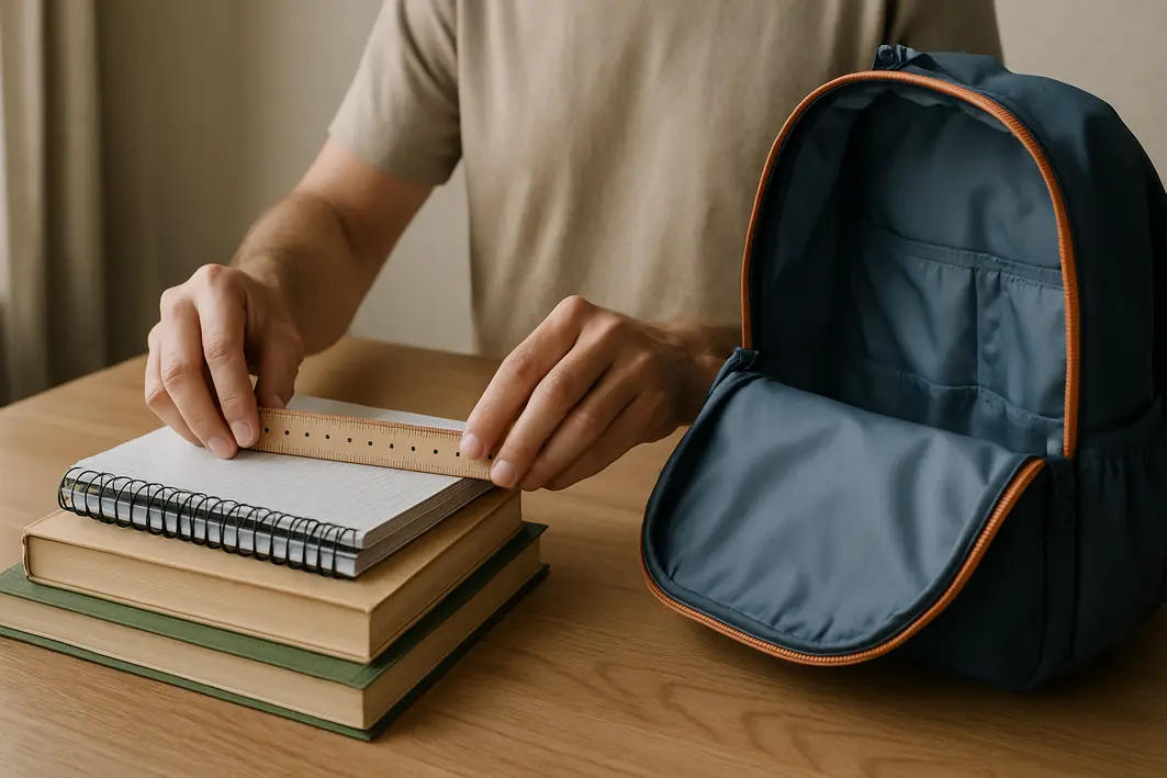 medindo mochila escolar infantil mesa Mãos de adulto medindo cadernos sobre mesa ao lado de mochila escolar infantil aberta com compartimentos visíveis