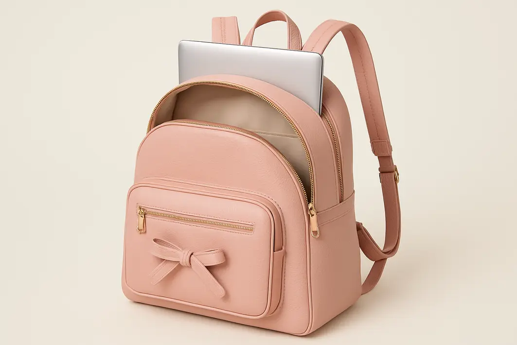 medindo notebook mochila feminina protecao acolcho Mãos femininas medindo largura de notebook ao lado de mochila feminina aberta com compartimento acolchoado para laptop em mesa de madeira clara