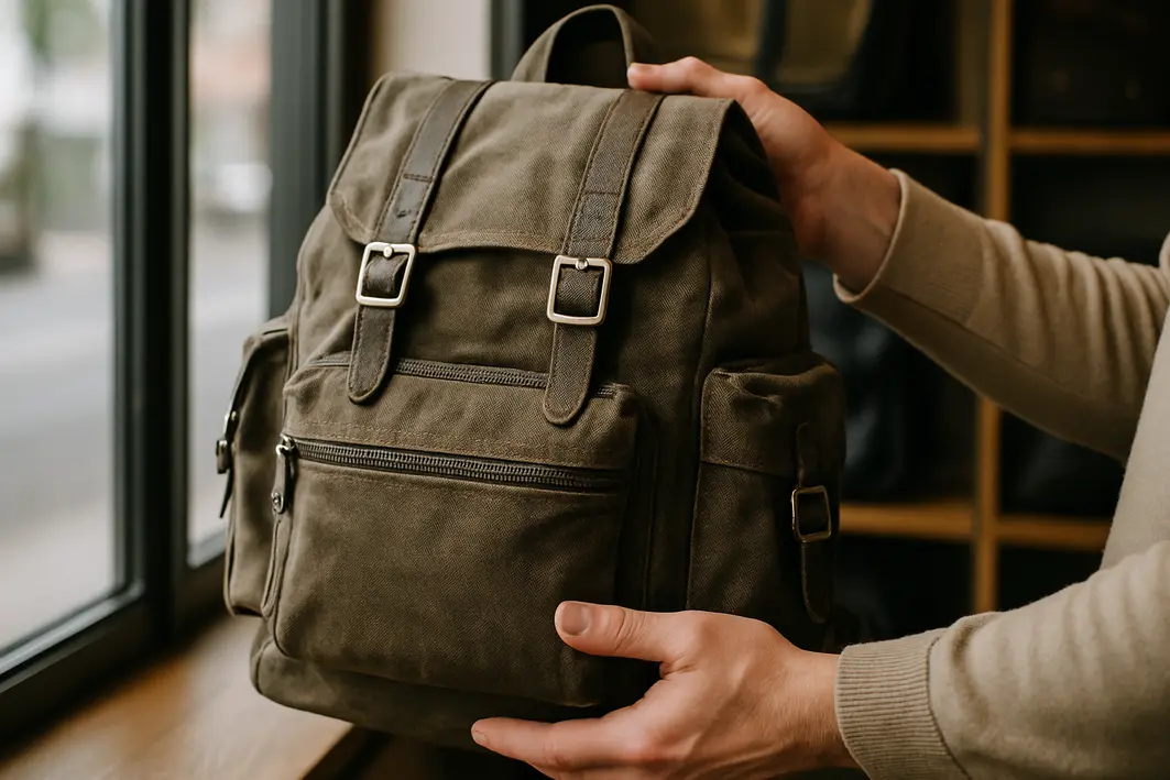 mochila amistr mao segurando loja Mãos adultas segurando mochila de viagem com tecido resistente e fechos metálicos em vitrine de loja