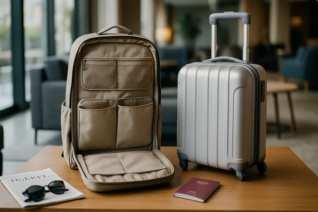 mochila de amistr mala passaporte hotel Mochila de amistr aberta exibindo compartimentos internos ao lado de mala leve e passaporte sobre mesa em hotel moderno