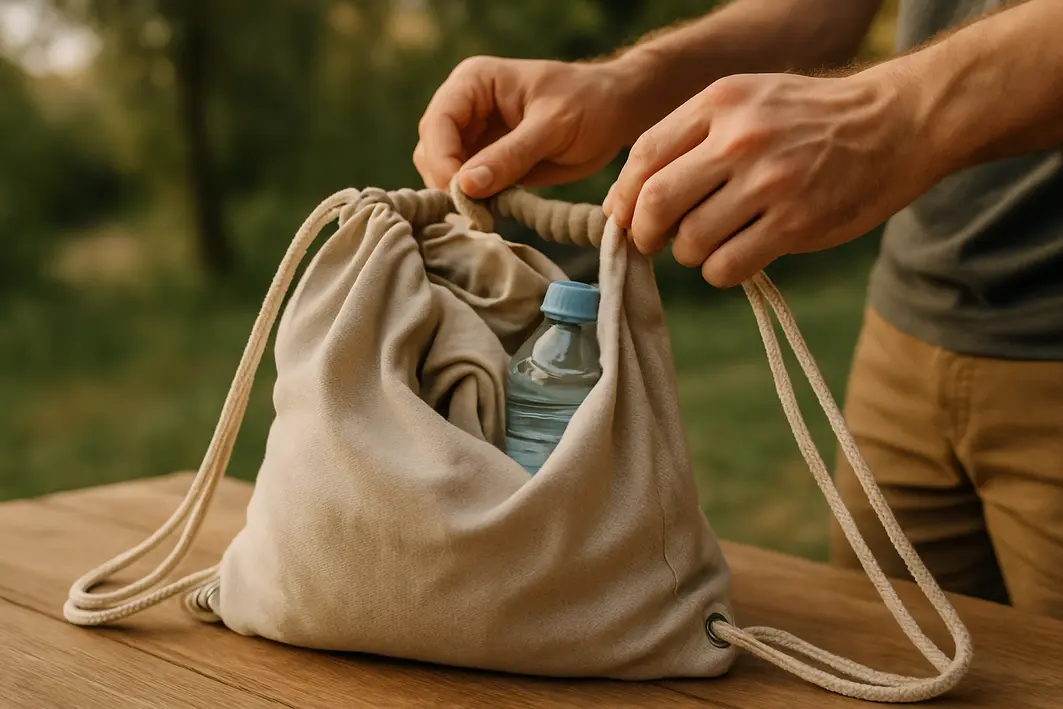 mochila de cordas ajuste cordoes Mochila de cordas aberta com roupas e garrafa de agua sendo ajustada por maos masculinas sobre superficie de madeira