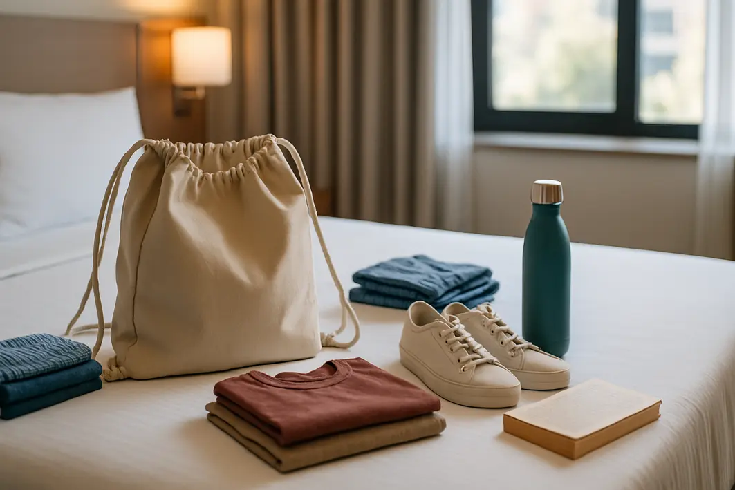 mochila de cordas quarto hotel organizada Mochila de cordas aberta sobre cama em quarto de hotel moderno com roupas dobradas e itens de viagem