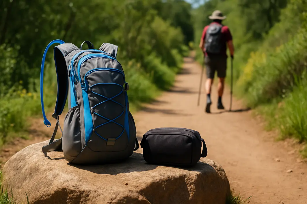 mochila de hidratacao na trilha Mochila de hidratação apoiada sobre rocha ao lado de trilha de terra com vegetação ao redor e caminhante desfocado ao fundo