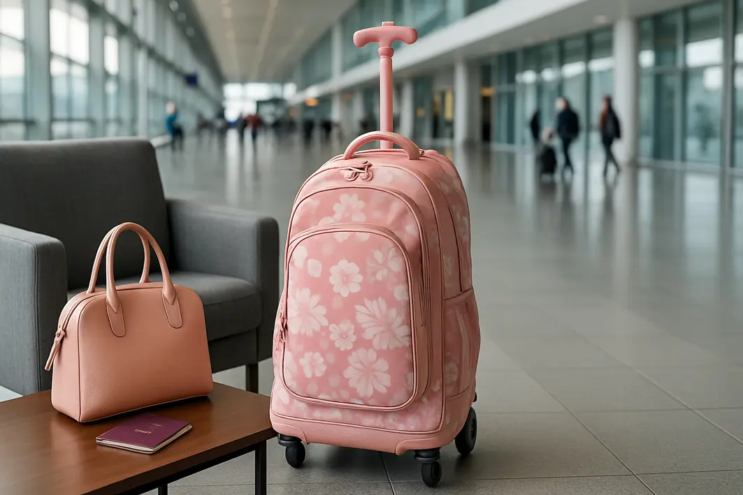 mochila de rodinha feminina aeroporto moderna Mochila de rodinha feminina preta posicionada perto de poltrona em aeroporto com passaporte e bolsa na mesa