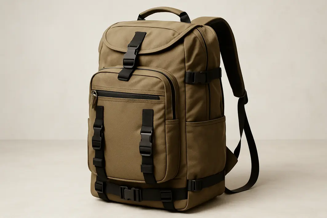 mochila de viagem tamanhos comparacao Três mochilas de viagem em tamanhos diferentes sobre banco de madeira com mãos organizando roupas e acessórios