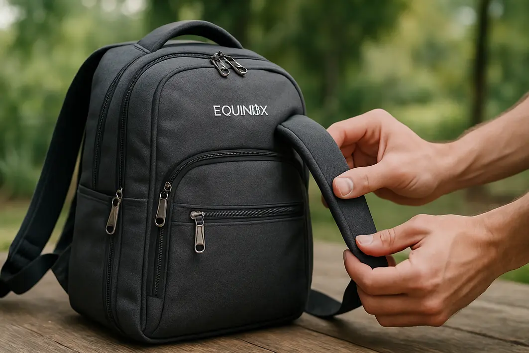 mochila equinox ajustes alca resistente Mochila Equinox sobre mesa de madeira com pessoa ajustando alça acolchoada