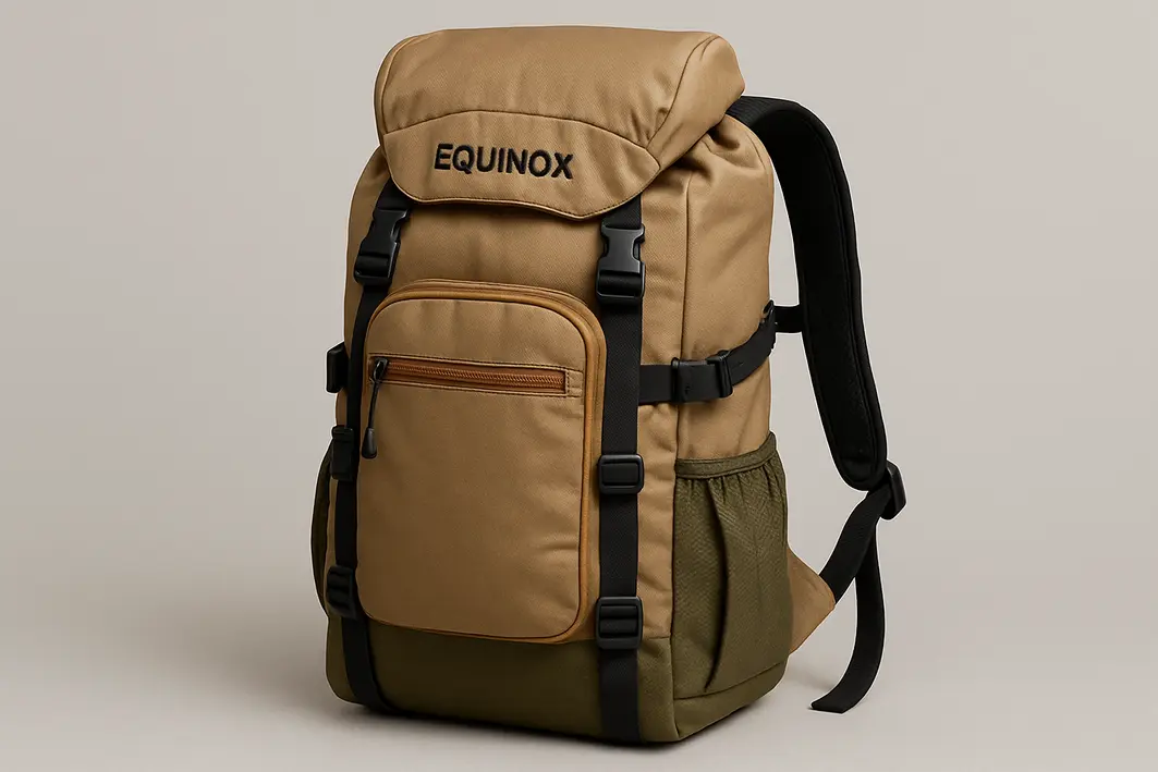 mochila equinox organizacao uso diario Mãos organizando objetos essenciais dentro da mochila Equinox aberta sobre mesa de madeira rústica