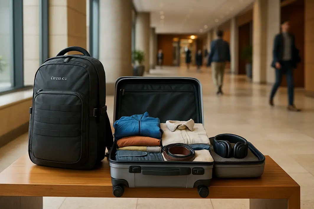 mochila equinox resistente hall hotel Mochila Equinox resistente ao lado de mala aberta com roupas em hall de hotel moderno