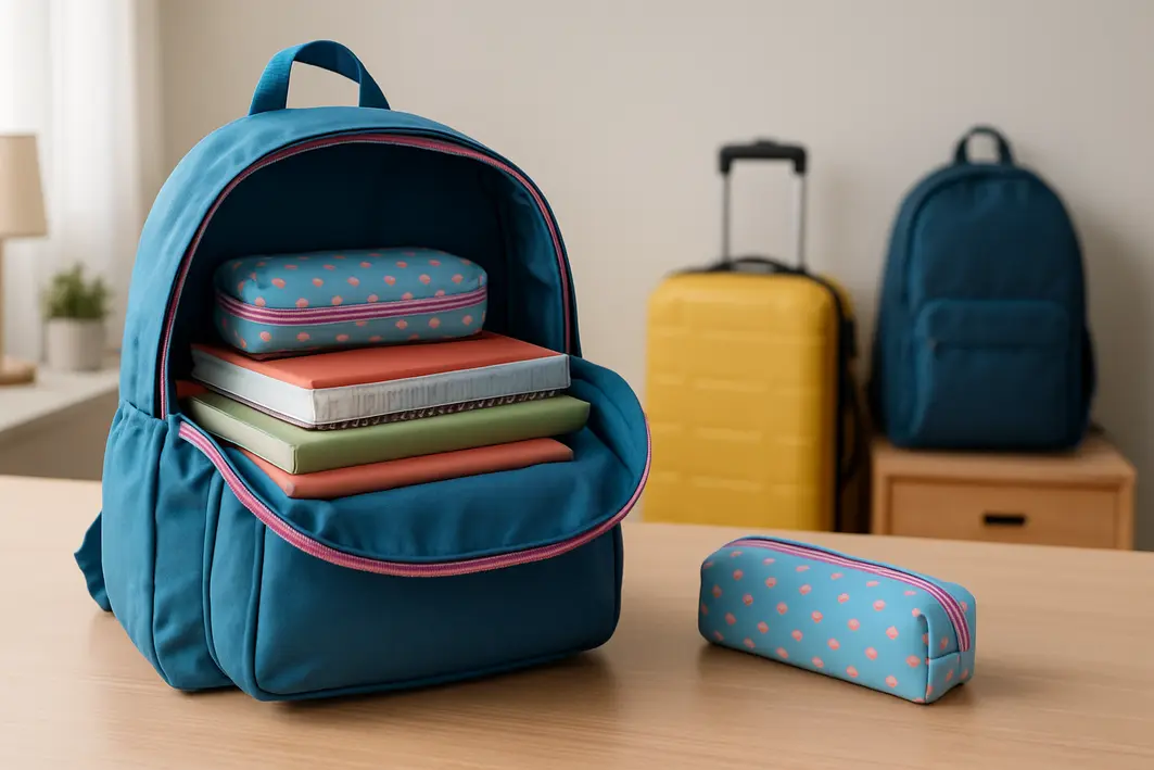 mochila escolar infantil aberta organizada Mochila escolar infantil aberta sobre mesa com cadernos, livros e estojo organizados