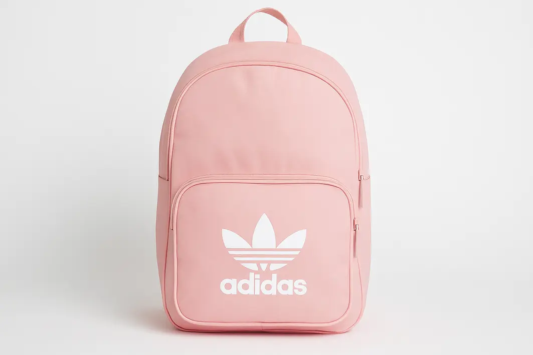 mochila feminina adidas escritorio trabalho Mãos femininas ajustando alças de mochila adidas com compartimentos abertos contendo laptop e itens de trabalho em escritório moderno