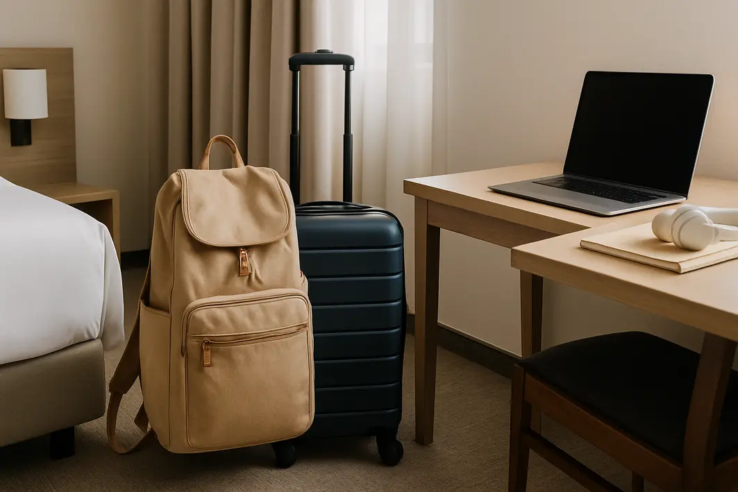 mochila feminina adidas quarto hotel Mochila feminina adidas ao lado de mala de bordo em quarto moderno de hotel com mesa de trabalho e laptop