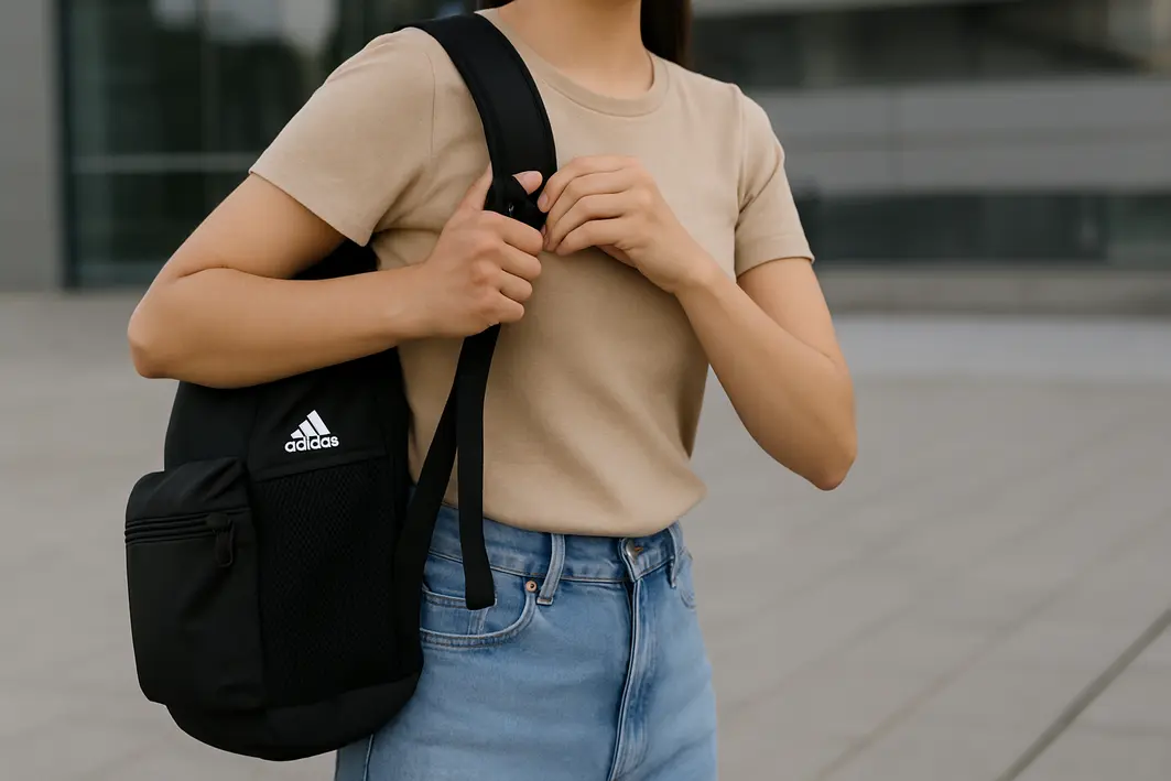 mochila feminina adidas uso trabalho Mulher ajustando alças de mochila feminina adidas preta em ambiente urbano de trabalho