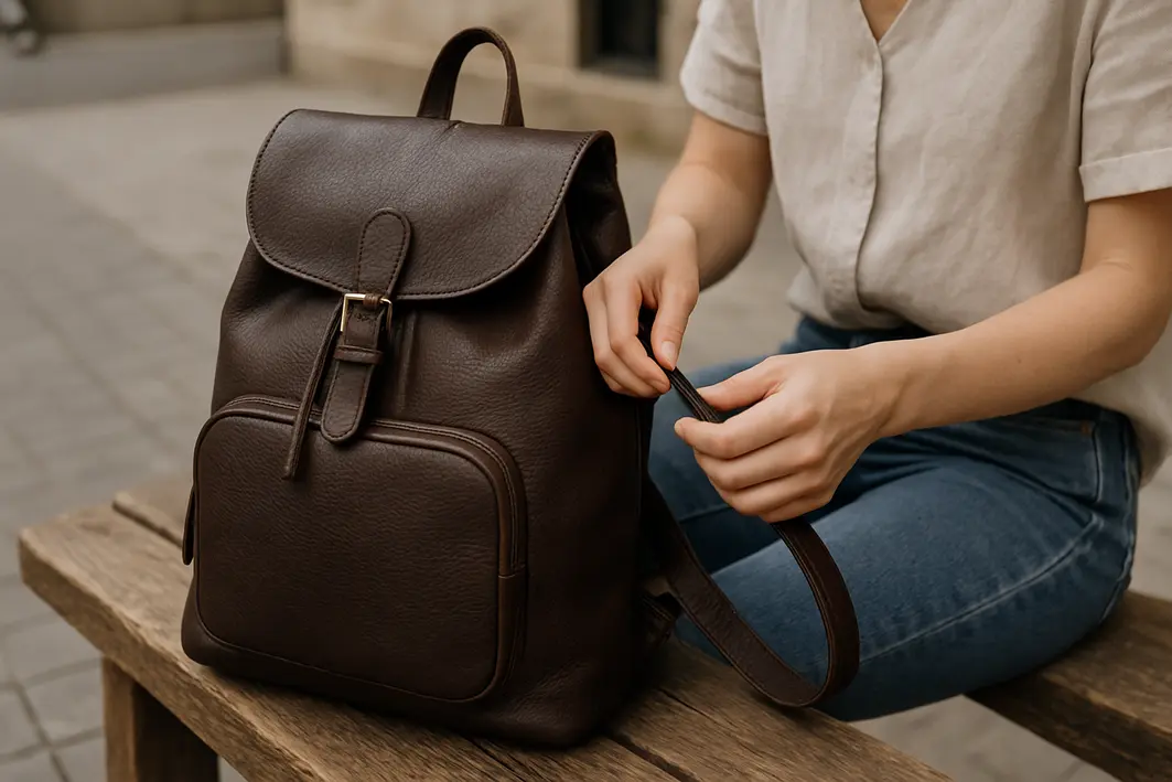 mochila feminina couro banco madeira Mochila feminina de couro marrom escuro apoiada em banco de madeira rústica com mãos ajustando alça