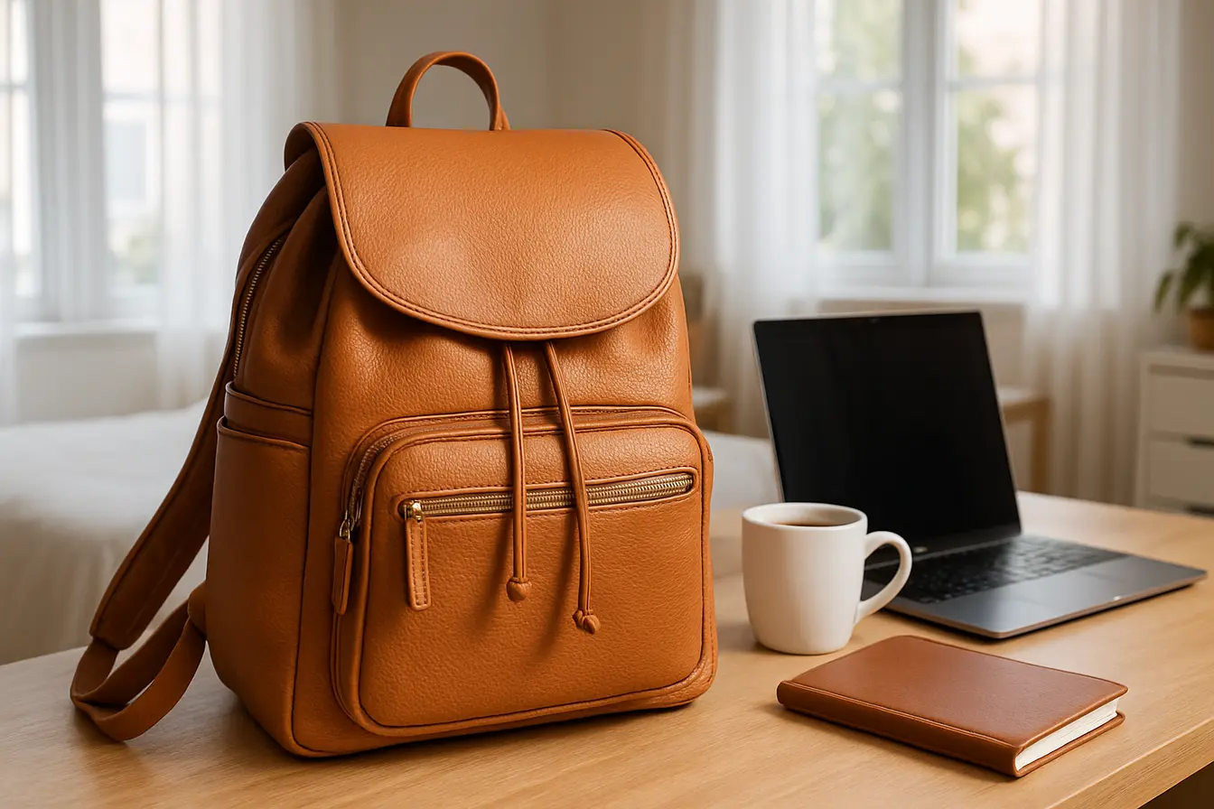 Mochila feminina de couro marrom claro sobre bancada de madeira clara em quarto iluminado pela luz natural da manhã